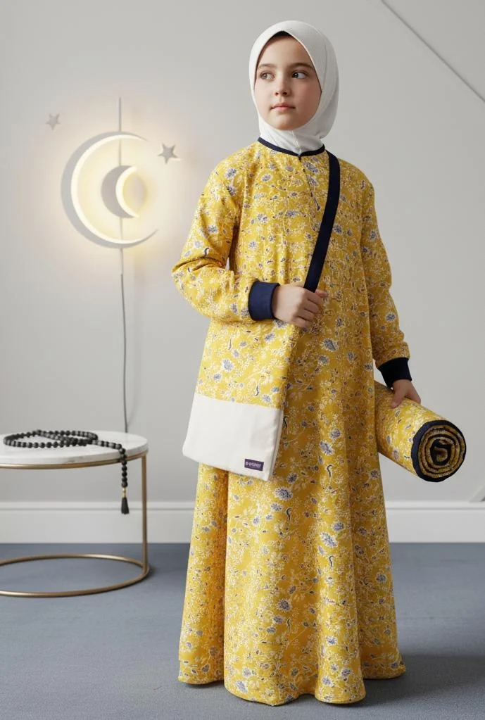 Artemea  Yellow Printed Girls Prayer dress- Mat & Bag set for Women | Best Price UAE